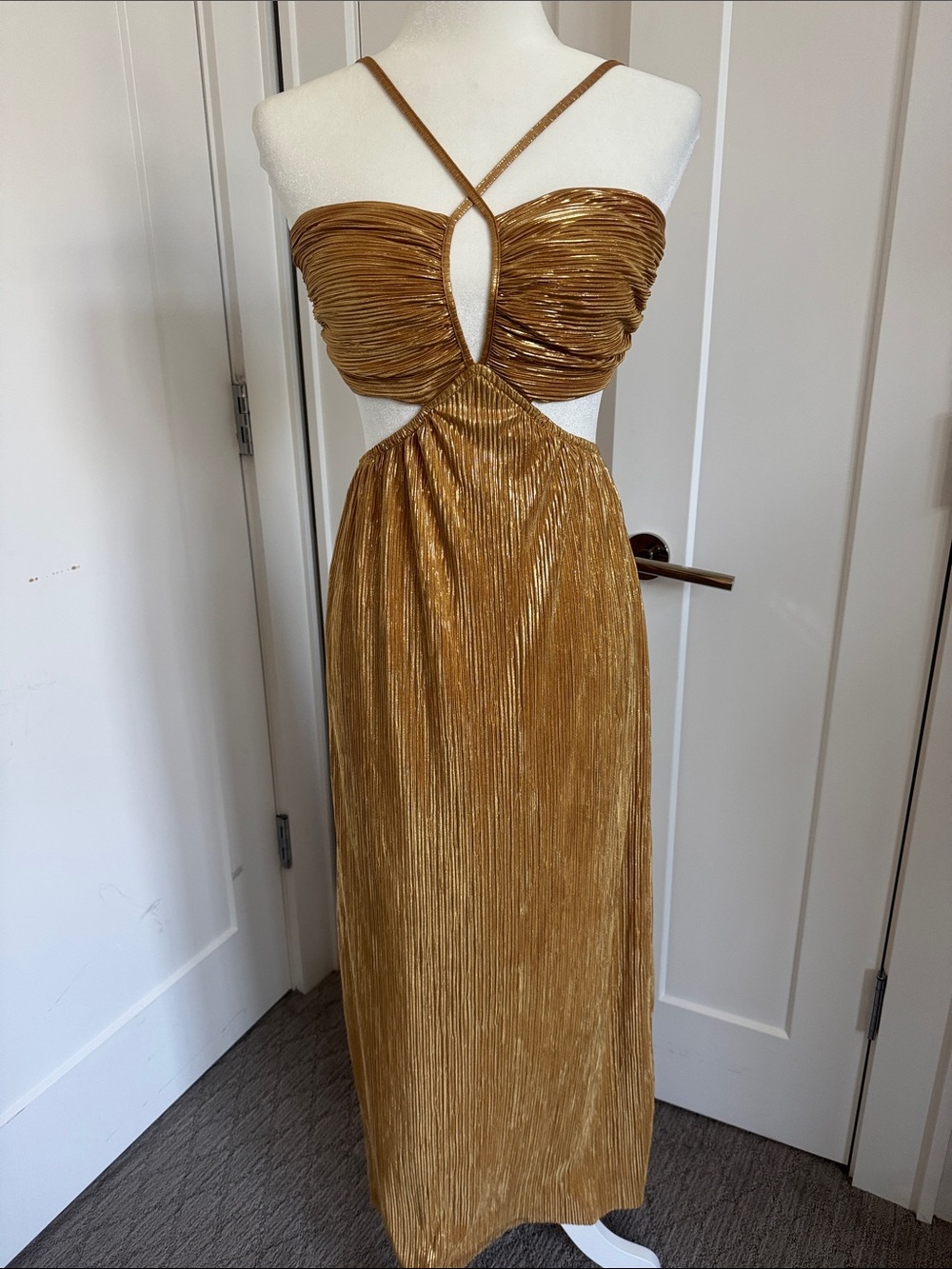 Petal & Pup Gold Plissé Cutout Maxi Dress